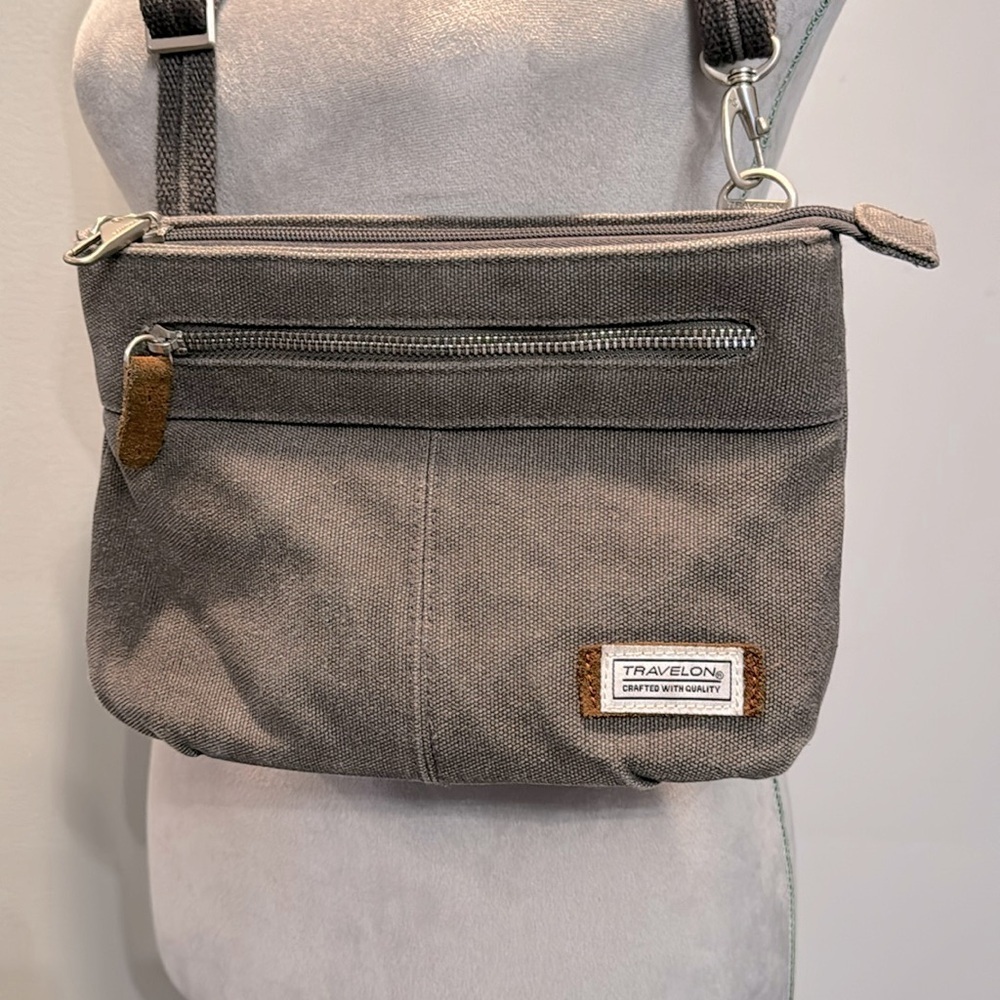 Travelon gray anti theft cotton canvas crossbody
